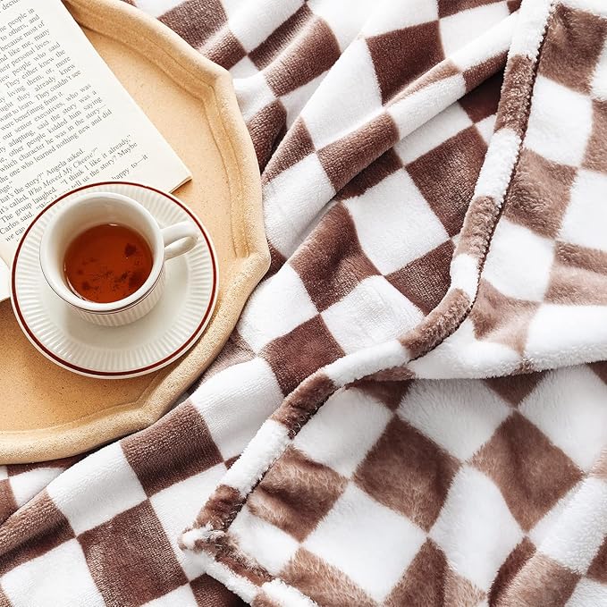 LOMAO Throw Blankets Flannel Blanket with Checkerboard Grid Pattern Soft Throw Blanket for Couch, Bed, Sofa Luxurious Warm and Cozy for All Seasons (Coffee, 40"x60")