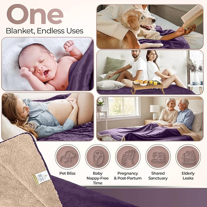 Sacred Weapon Waterproof Blanket for Bed – Mini Sherpa & Fleece Throw – Waterproof Blanket for Couch Cover & Mattress Protector, Absorbent, Washable, Spill Proof – Travel Blankets (Purple, 40x45)