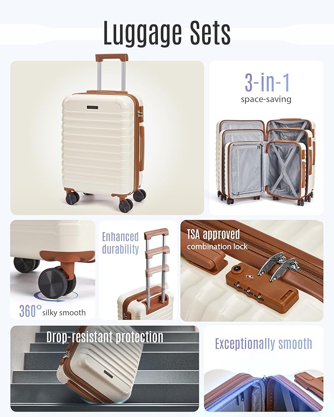 LIGHT FLIGHT Luggage Sets, 3 Piece Durable Suitcase Set with Spinner Wheels, 3 Pcs Hardside Lightweight luggage with TSA Lock, Large Checked Travel Suitcases, 20/24/28 Inch,White
