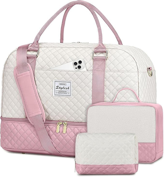 Travel Duffle Weekender Bags for Women: Carry On Bagswith Shoe Compartment Overnight Bag with Toiletry & Wet Pocket Large Tote Hospital for Women Labor Delivery Beige Pink