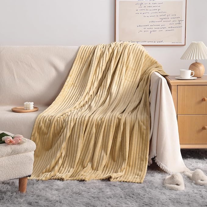 NTBAY Plush Flannel Twin Bed Blanket, 60X80 Inches Soft and Warm Lightweight Blanket with Striped Texture Bed Blanket for Couch Sofa Bed All Seasons, 60"x80", Khaki