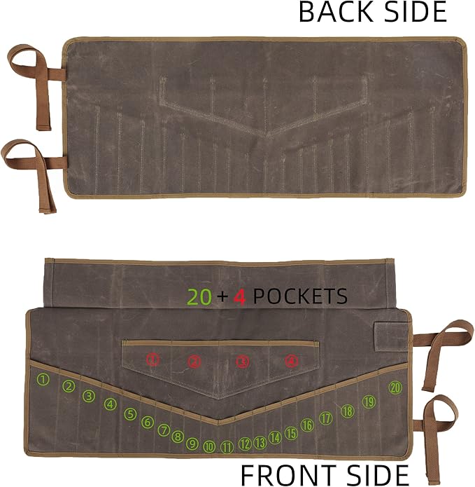 Denifiter Wrench Roll Up Pouch, Heavy Duty Waxed Canvas Tool Roll Bag Tool Organizer Bag With 20+4 Pockets (Brown)
