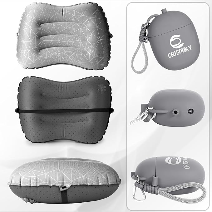 Camping Inflatable Pillow with 2-in-1 Silicone Air Pump Storage Bag – Ultralight Travel Pillow for Airplane, Lumbar Support, Dual Valve Easy Inflate, Compressible Ergonomic (Grey)