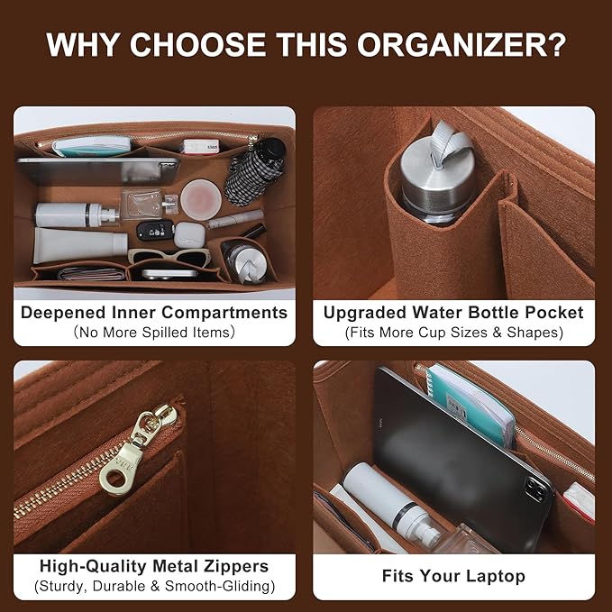 Doxo Felt Purse Organizer Insert for Longchamp Le Pliage L Travel Bag, Longchamp Orgainzer Insert Large with 9 Compartments and Zipper Water Bottle Holder, Fits Long Champ Large Bag (LT, Gold Brown)