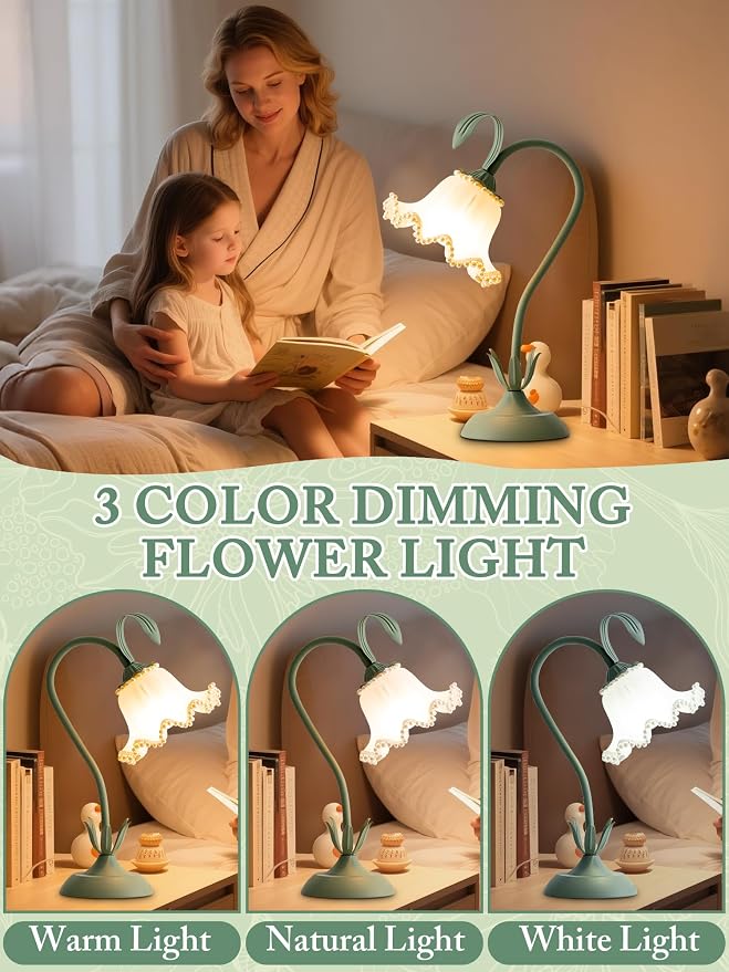 Flower Table Lamp, LED Reading Light Vintage Night light (Green Pearls) | 3 Colors Modes Kawaii Bedside Lamps Decor,Living Room Bedroom Room Lighting Table Lamps Home Decoration