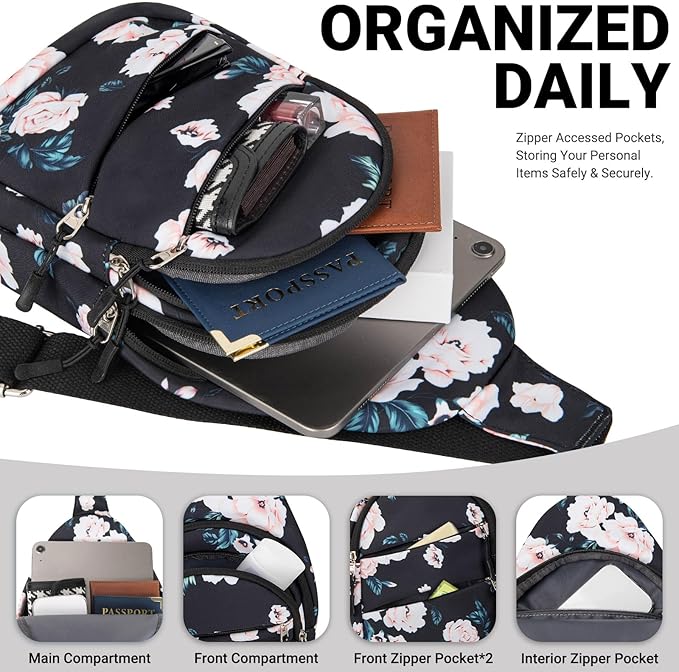 Tuwubi Crossbody Bags for Women, Sling Bag for Men, Small Hiking Backpack Anti Theft Lightweight for Outdoors Travel （M, Black Floral）