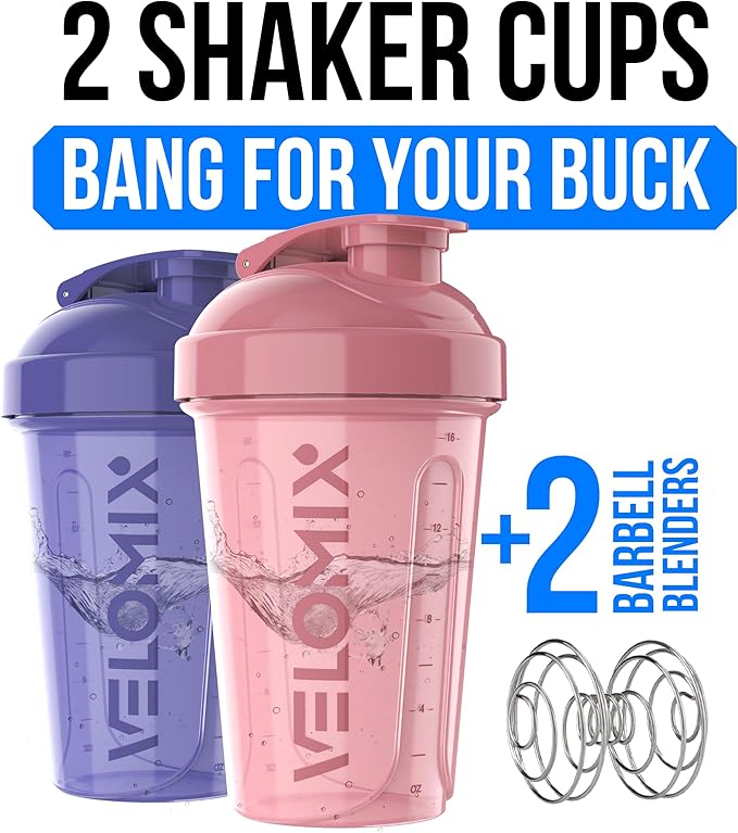 VELOMIX -2 Pack- 20 oz Protein Shaker Bottles for Protein Mixes - 2x Wire Whisk | Leak Proof Shaker Cups for Protein Shakes and Pre Workout | Protein Shaker Bottle Pack (Lavender Glow)