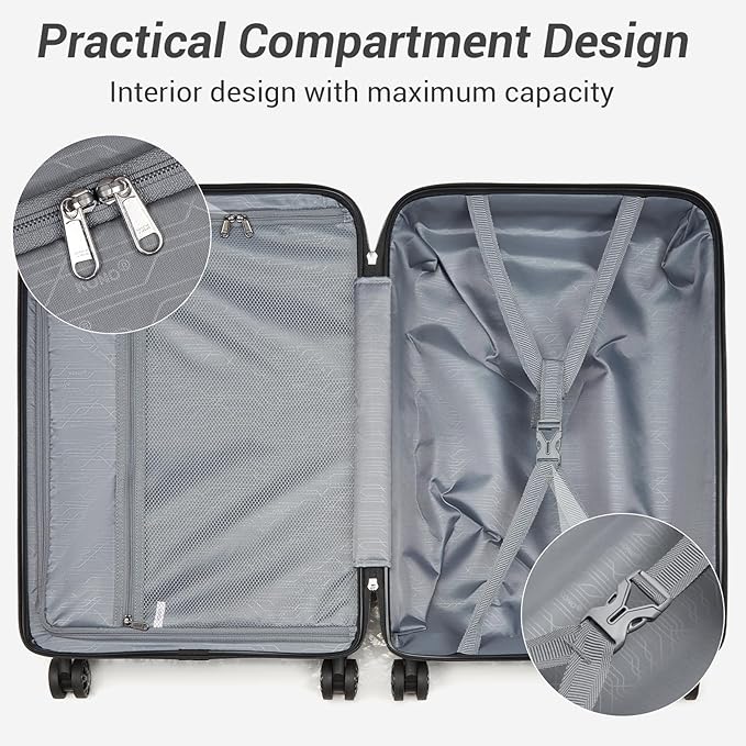 Kono Carry On Luggage 24 Inch Checked-Medium Hard Shell Travel Trolley 4 Spinner Wheels Lightweight Polypropylene Suitcase with TSA Lock, Black