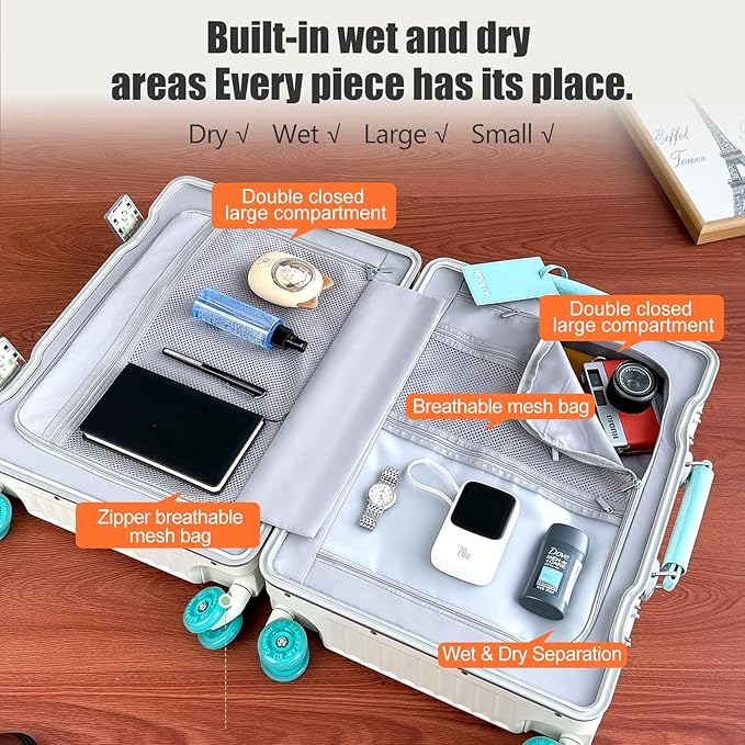 Aluminium Frame Checked-Luggage with Smooth Jelly Wheels, Hardside Zipperless Rolling Suitcase with TSA Lock (WhiteGreen, 28-Inch)