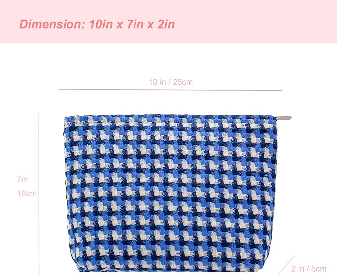Makeup Bags for Purse Zipper Cosmetic Pouch Large Travel Canvas Make Up Organizer Tool Pouch for Women and Girls,Grid Blue