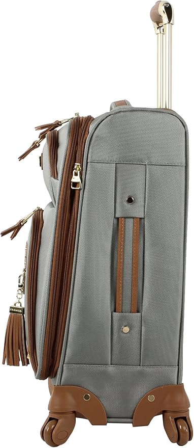 Steve Madden Designer-Gepckkollektion Leichter Softside-Koffer fr Damen und Herren strapazierfhige 50,8 cm groe Tragetasche mit 4 rollenden Spinner-Rdern, Harlo Gray, 21.5 inches, Carry on Bag With