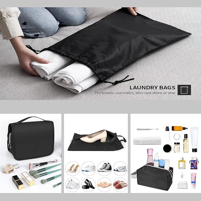9-Set Packing Cubes with Hanging Bag | 9-Size Combination, Mesh Fabric & Reflective Stripe | Travel Luggage Organizers (Black)