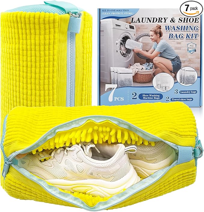 3-IN-1 Laundry & Shoe Washing Machine Bag Kit : Laundry Shoe Bag for Washer and Dryer,Reusable Shoe Cleaning Bag for Sneakers,Tennis,Self-locking Zipper & Microfiber,Include 3 Laundry Bag & 2 Shoe Bag