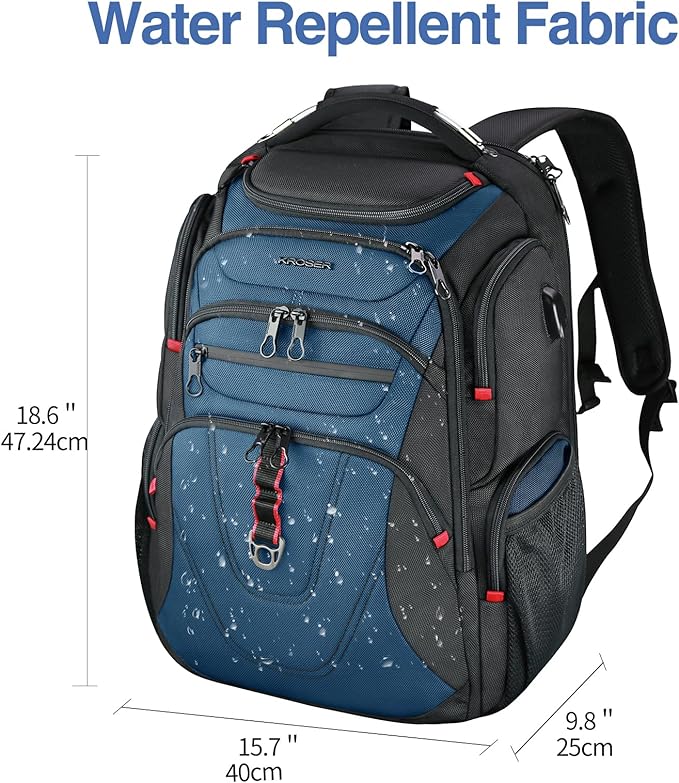 KROSER Friendly Travel Laptop Backpack 17.3 inch XXXL Gaming Backpack Water-Repellent College Daypack Business Backpack with RFID Pockets & USB Port for Men/Women-Black/Haze Blue