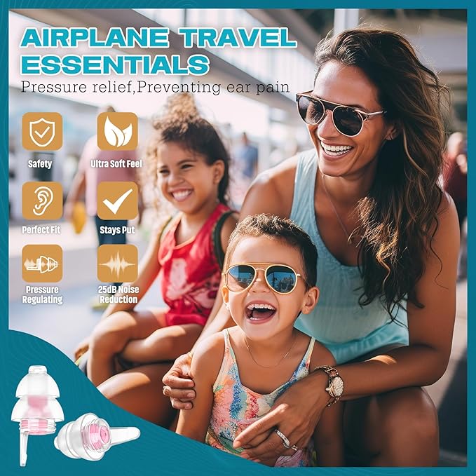 Airplane Ear Pressure Relief Ear Plugs with String, Prevent Ear-Pain & Noise Reduction, Plane Travel Essentials Pressure Equalizing Earbuds, 100x Reusable Comfy Earplugs for Adults Kids 12+