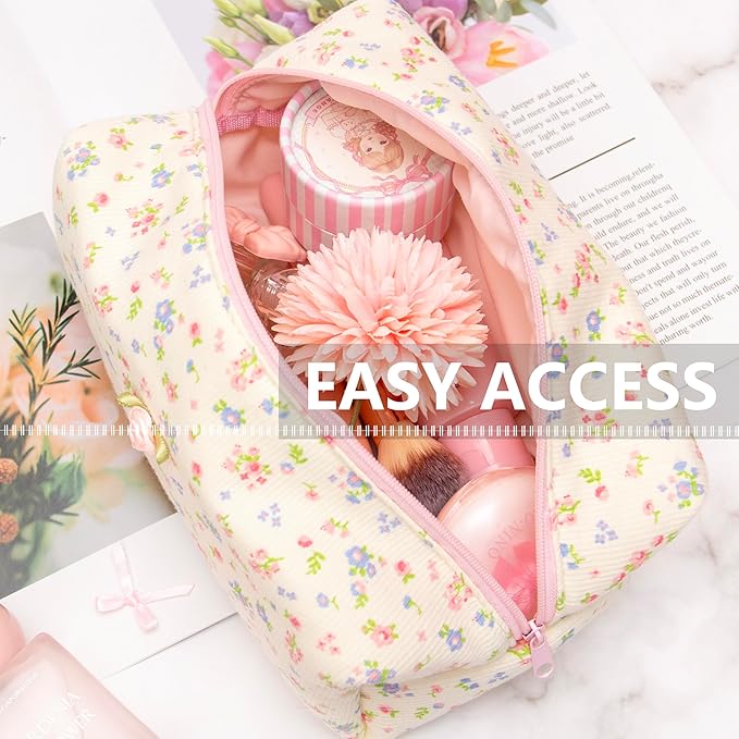 PAZIMIIK Cozy Makeup Bag Travel Cosmetic Bag for Women Soft Toiletry Bag Aesthetic Makeup Organizer Portable Large Zipper Pouch for Skincare Beauty Accessories Brushes Ribbing Floral Beige