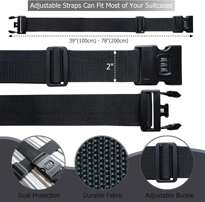 2 PCS Luggage Strap 78" x 2" Suitcase Belts Wide Adjustable Packing Straps Travel Accessories, Black&Combination Lock