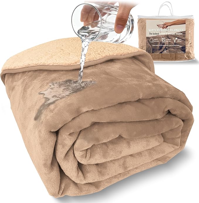 Sacred Weapon Waterproof Blanket for Bed – Mini Sherpa & Fleece Throw – Waterproof Blanket for Couch Cover & Mattress Protector, Absorbent, Washable, Spill Proof – Travel Blankets (Beige, 40x45)