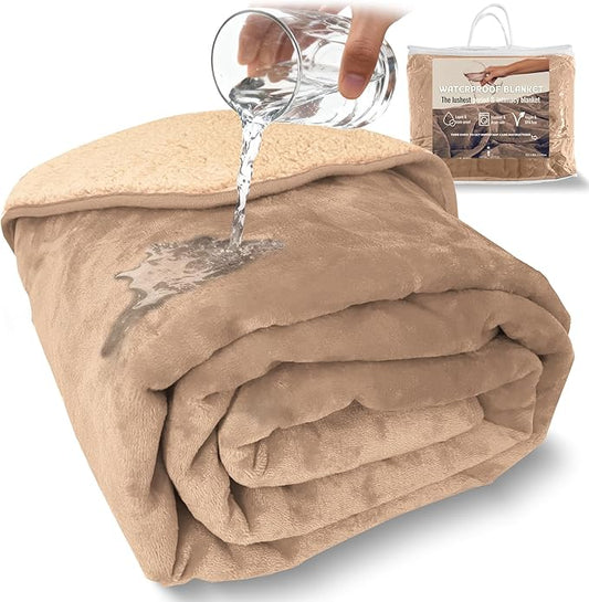 Sacred Weapon Waterproof Blanket for Bed – Mini Sherpa & Fleece Throw – Waterproof Blanket for Couch Cover & Mattress Protector, Absorbent, Washable, Spill Proof – Travel Blankets (Beige, 40x45)