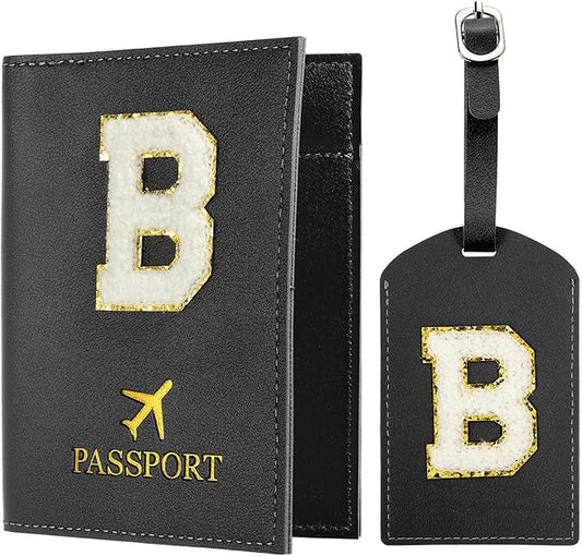 PATIKIL Passport Holder for Travel, Initial Passport Cover and Luggage Tag Set with Alphabet Chenille Letter Patch Travel Wallet Bag Suitcase Identifier for Women Family Travel Black B