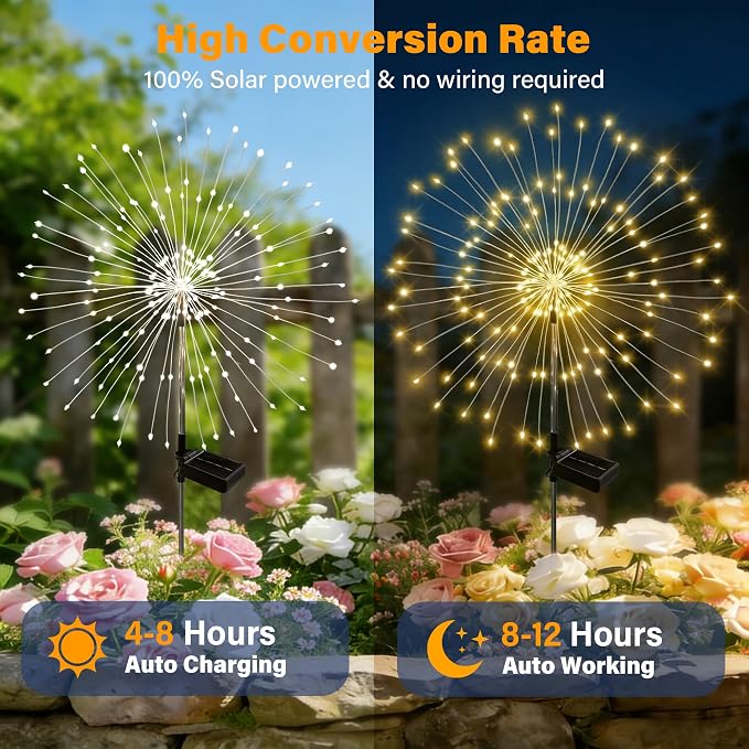 Solar Garden Lights Outdoor Decor Waterproof, 4Pack 120LED Firework Lights for Garden Decorative, Fairy Lights Solar Powered for Yard, Patio,Pathway,Flowerbed,Planter,Party(Warm White)