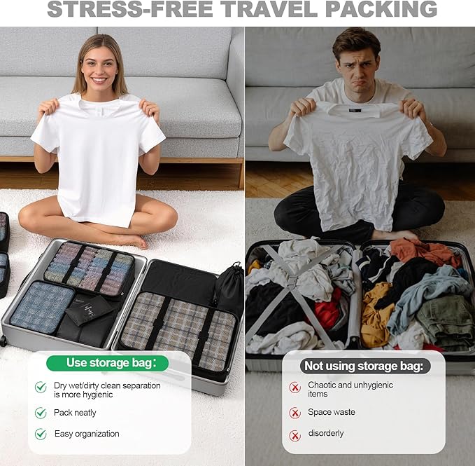 8 Set Packing Cubes for Travel,Suitcase Organizer Bags for Luggage with Shoe & Hanging Toiletry Bag, Vacation Essentials & Accessories for Cruise Ship, Airplane Must-Have,Road Trip & Camp Gifts(Black)