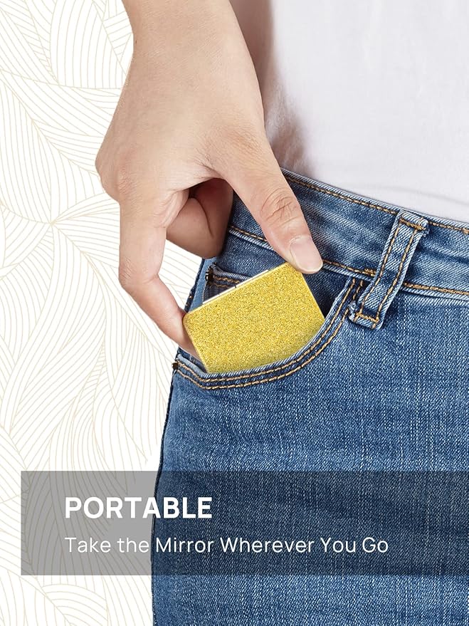 OMIRO Compact Mirror, Glitter PU Leather 1X/3X Magnification, Ultra Portable for Purses, 2.4" W x 3.4" L (Gold)