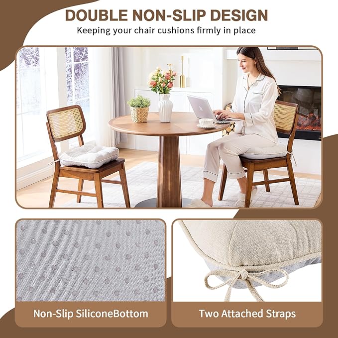 BETU Chair Cushions for Dining Chairs Set of 2,3.5" Thick Kitchen Table Chair Pads with Ties,Non Slip Backing and Covers, Seat Cushion for Dining Room,Bar,Patio Chairs,16"X16"X3.5",Beige