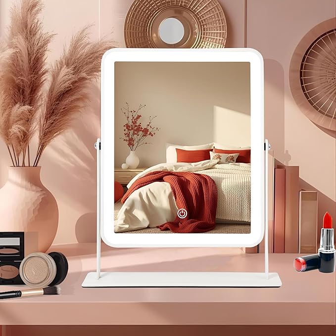 14" X12" LED Vanity Mirror with Lights, 3-Color Dimmable Touch Control, Large Lighted Makeup Mirror, USB-Rechargeable Cordless Design, Sturdy Metal Frame, Oversized Tabletop Mirror, Gift-Ready