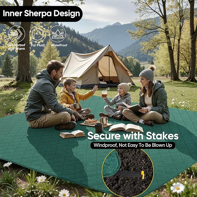 Northroad Waterproof Outdoor Blanket w/Sherpa Lining, Large Windproof Camping Blankets for Cold Weather, Light Weight and Warm for Stadium, Hiking, Dog, Picnic, Washable, 67”X 87” (Green, 1PCS)