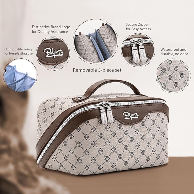 BOYATU Travel Makeup Bag Cosmetic Bags for Women: 3 Pcs Set Large Capacity Make up Bag with Handle - Vegan Leather Toiletry Bags with Compartments - Makeup Organizer for Travel Essentials(A-2-Khaki)