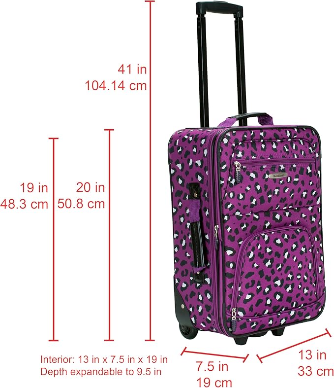 Rockland Fashion Softside Upright Luggage Set, Expandable,Telescopic Handle,Wheel, Purple Leopard, 2-Piece (14/19)
