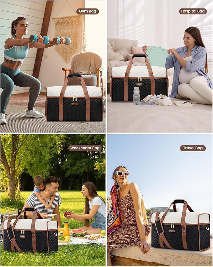 Weekender Travel Duffle Bag for Women: Overnight Bags with Shoe Compartment Carry on Bags for Airplanes with Toiletry Bag Weekend Yoga Gym Bag with Wet Pocket Black White Brown