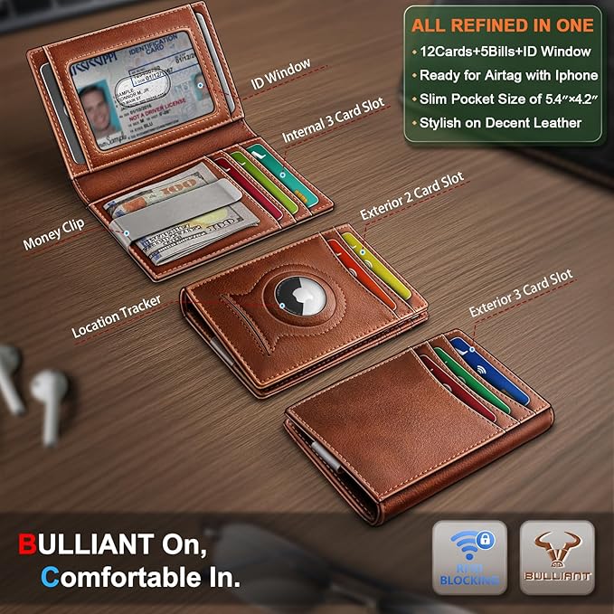 BULLIANT Men Airtag Wallet,Slim Wallet Money Clip Card Holder Magnetic Closure 12 Cards in Front Pocket RFID Blocking