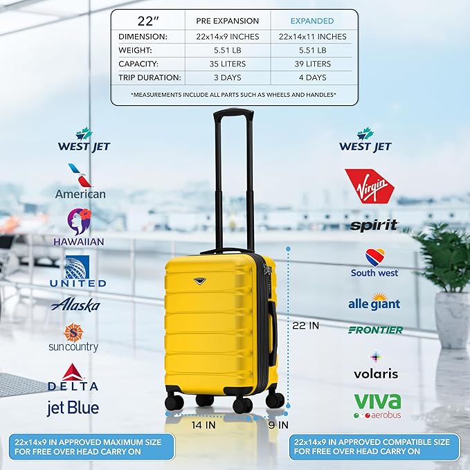 Flight Knight 22x14x9" Expandable Carry On Suitcase Hardside TSA Lock USB C Port Lightweight Luggage Silent Double Spinner Wheels Maximum Overhead Carry-On Bag For American & United Approved Airlines