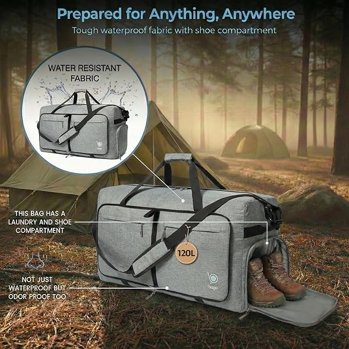 Bago Extra Large Duffle Bag for Travel Women & Men. Durable, Lightweight, Foldable Travel Duffel Bags For Traveling Women. 120L Duffle Bags Use As a Weekender Bag with Shoe Compartment, Checked Duffel