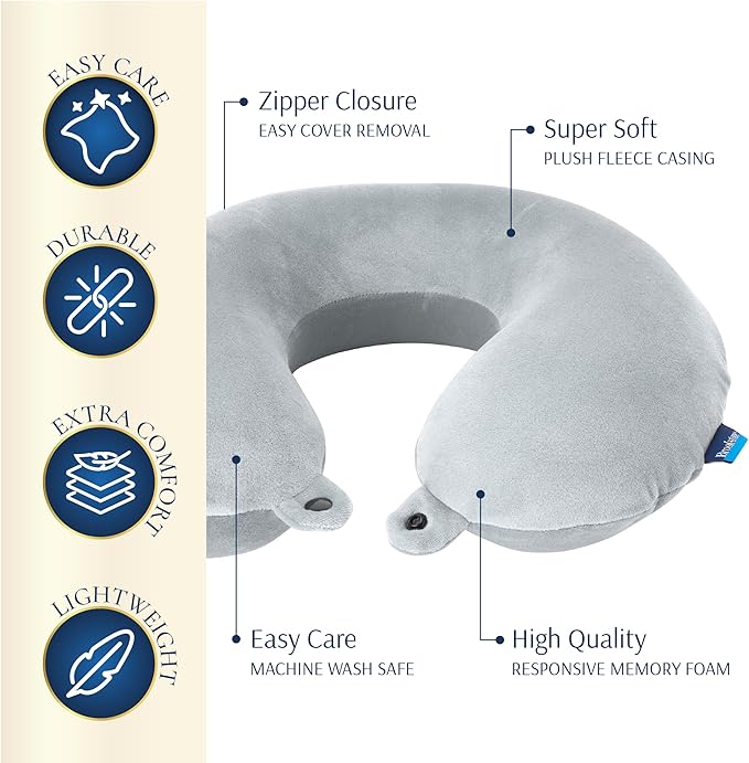 Brookstone Travel Neck Pillow - Lightweight Fleece Casing U-Shaped Stuffable Memory Foam Travel Pillow for Sleeping and Neck Support, Size One Size, Grey