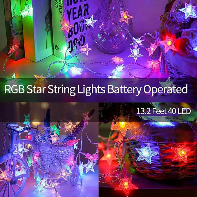 echosari 158IN Star String Lights Battery Operated Auto Timer Multicolor | 40 LED Star Fairy String Lights with 8 Modes for Kid Room Bedroom Party Garden Wedding Décor