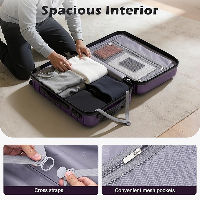 COOLIFE Luggage Expandable Suitcase PC ABS TSA Luggage 3 Piece Set Lock Spinner Carry on (purple, 3 piece set)