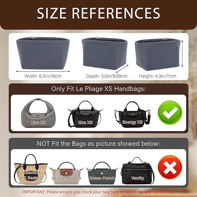 Premium Felt Purse Organizer Insert for Longchamp Le Pliage Energy/Xtra -XS, Zipper Long Champ Bag Organizer Insert with 4 Compartments