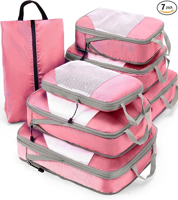 Meowoo 7 Set Compression Packing Cubes for Travel, Durable Ripstop Mesh Suitcase Organizer with Shoe Bag, Ultralight & Expandable Space Saver Travel Cubes
