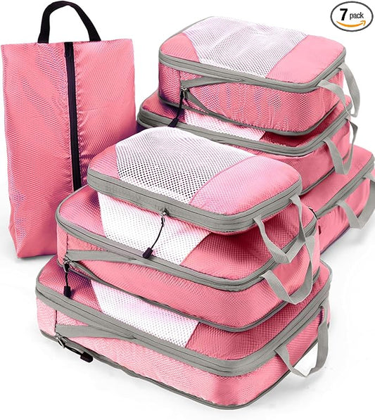 Meowoo 7 Set Compression Packing Cubes for Travel, Durable Ripstop Mesh Suitcase Organizer with Shoe Bag, Ultralight & Expandable Space Saver Travel Cubes