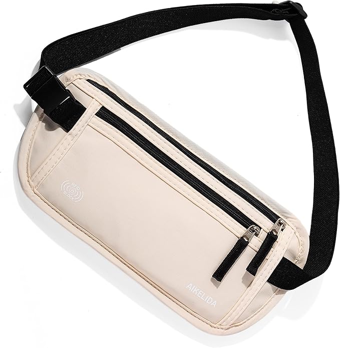 Money Belt - Slim Passport Holder RFID Blocking Travel Wallet Undercover Fanny Packs for Men Women - Beige