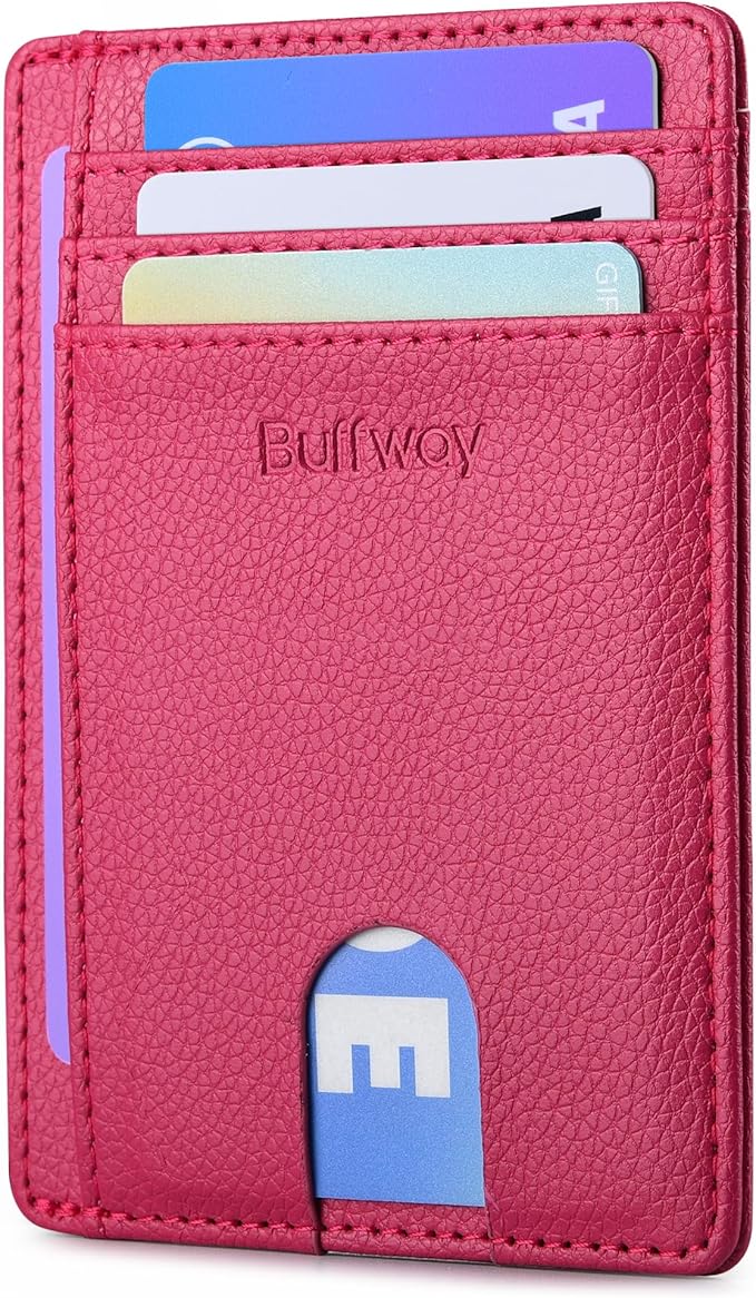 Buffway Slim Minimalist Front Pocket RFID Blocking Leather Wallets for Men and Women - Lichee Red