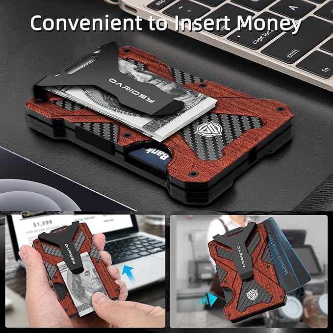 Minimalist Wallet for Men- Slim Aluminum Metal Money Clip Wallet with Clear ID Card Holder, Carbon Fiber Wallet, RFID Blocking,Holds up 15 Cards with Cash Clip,Ultra-Thin Tactical Wallet - Rosewood