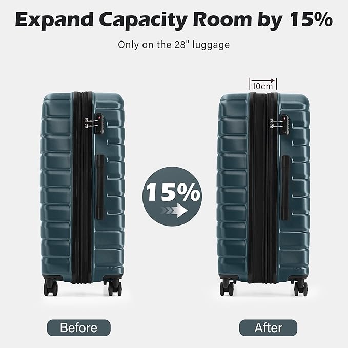 Coolife Expandable Large Checked Luggage with Spinner Wheels, Hard Shell Suitcase TSA Lock Rolling Travel Luggage 28-inch,Teal Blue