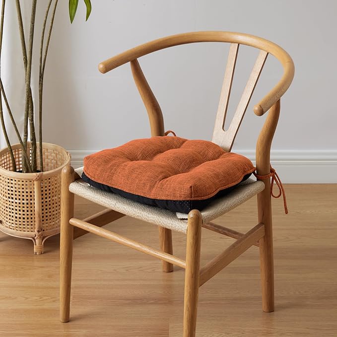 Chair Cushions for Dining Chairs Set of 6, Kitchen Chair Cushions, Chair Pads with Ties and Non Slip Backing, Tufted Memory Foam Seat Cushion 6 Pack, 15.5" x 15.5" x 4", Orange