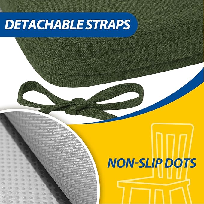 AAAAAcessories D-Shaped Chair Cushions, 2" Thick Dining Chair Pads with Ties and Removable, Machine-Washable Cover, 17" x 16", Dark Olive Green