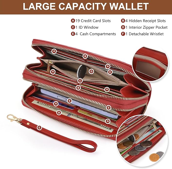 yiijay Womens Wallet RFID Blocking Large Capacity Vegan Leather Double Zip Wristlet Wallet Card Holder Travel Ladies Clutch