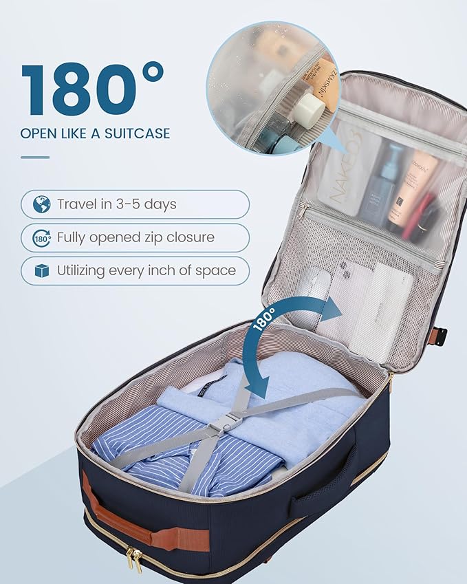 LOVEVOOK Travel Backpack for Women & Men 50L,Airline Approved Carry On Backpack Travel Essentials,TSA Carry on Luggage,Waterproof Personal Item Travel Bag,Suitcase with 3 Packing Cubes,Dark blue-Brown